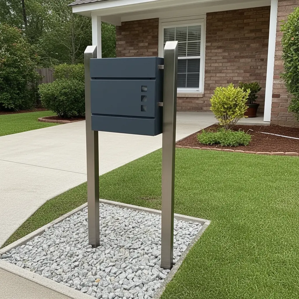 Massive Postkastenhalterung aus hochwertigem Edelstahl – stabiler Premium Briefkastenständer für moderne Hausanlagen